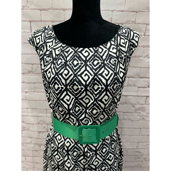 Dressbarn black and white pattern belted dress polyester size 10 - Picture 2 of 10